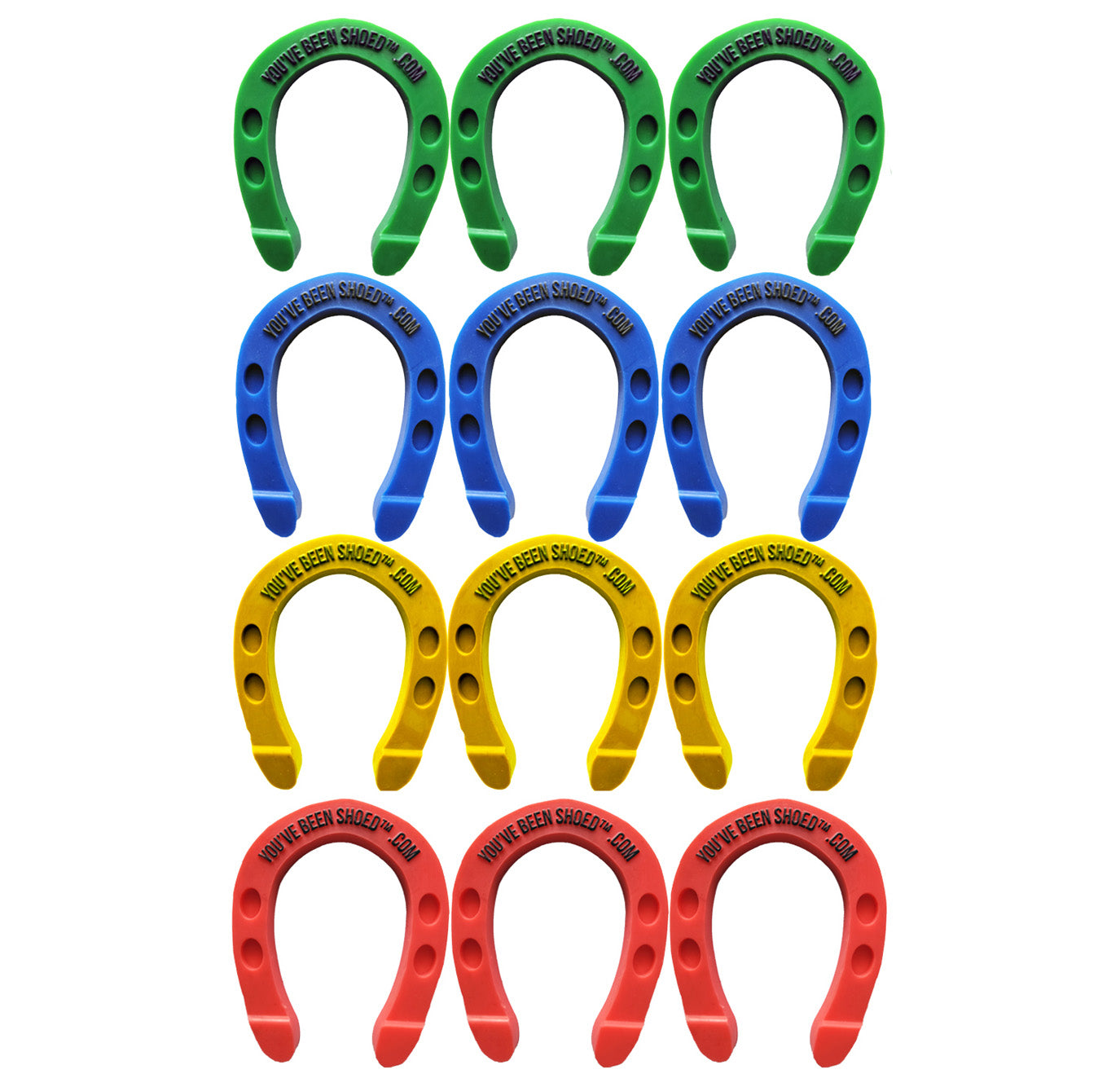 PONY PACK BRONCO SWAG HORSESHOES Pack of 12 - Raptor Red, Blazing Trail Blue, Yellow Fellow, Gremlin Green 2.75" x 3.5"