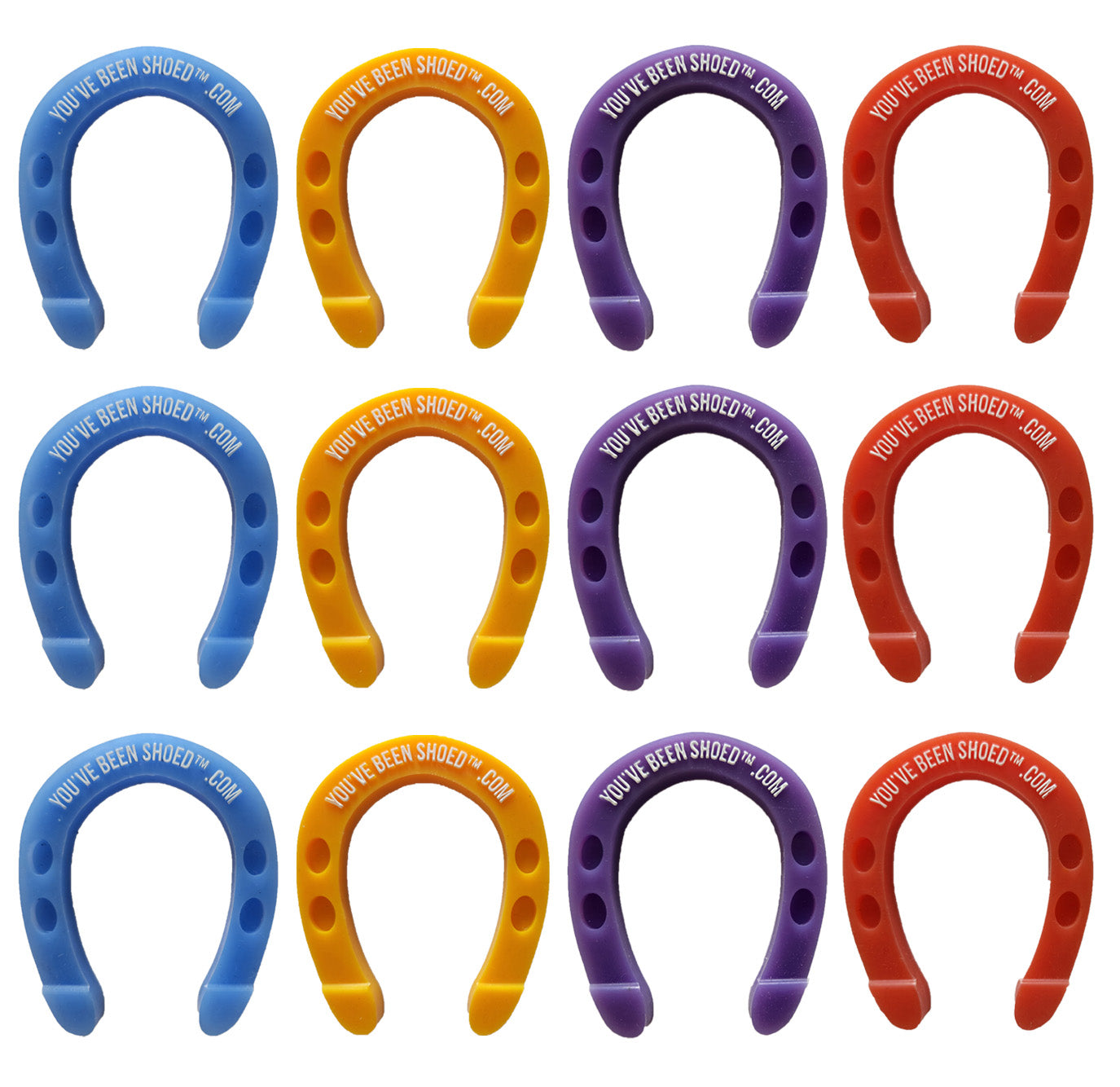PONY PACK2 BRONCO SWAG HORSESHOES Carolina Blue, Grape Ape, Off-Grid Orange, and Frontier Gold. 2.75" x 3.5"