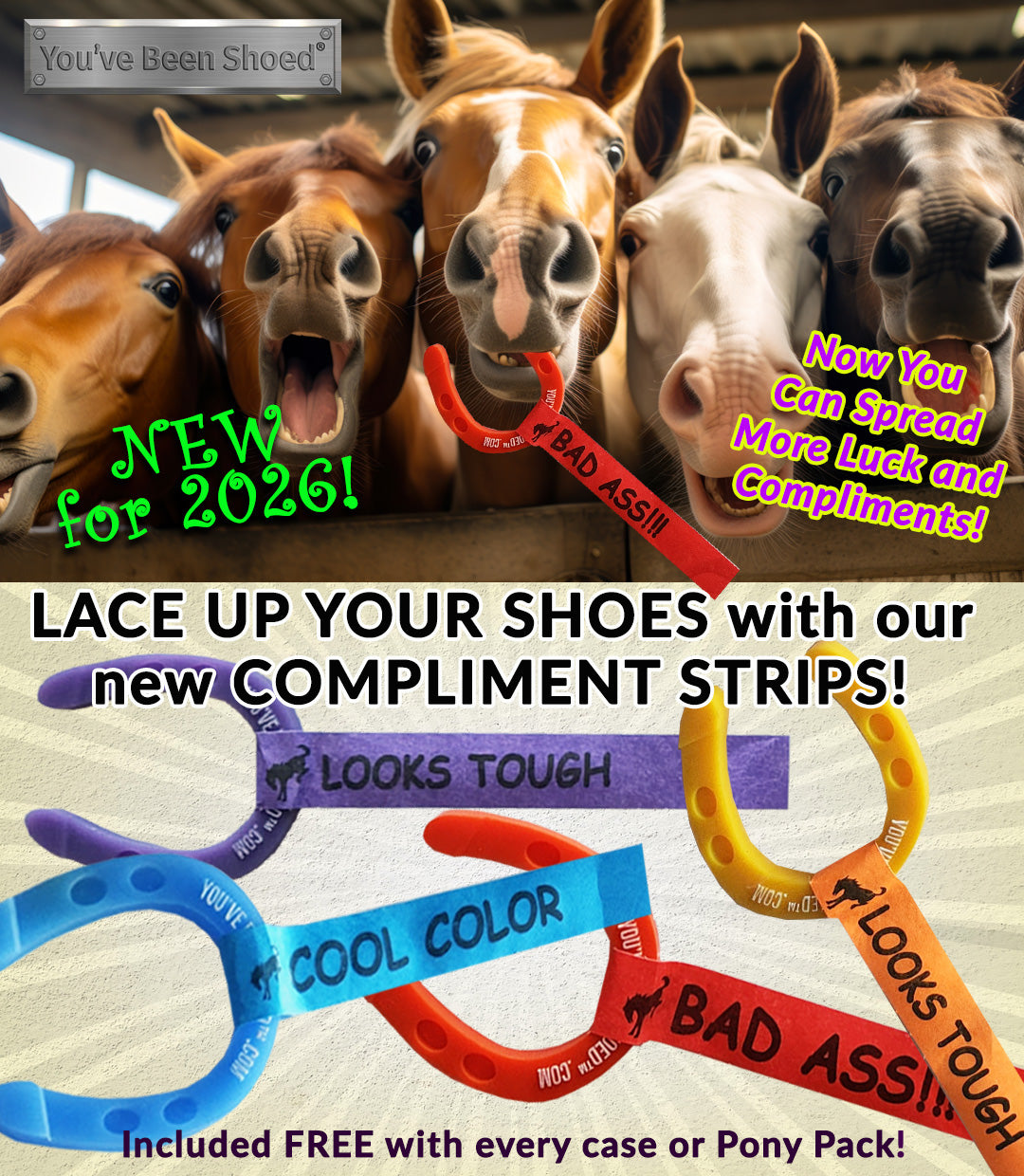 PONY PACK2 BRONCO SWAG HORSESHOES Carolina Blue, Grape Ape, Off-Grid Orange, and Frontier Gold. 2.75" x 3.5"