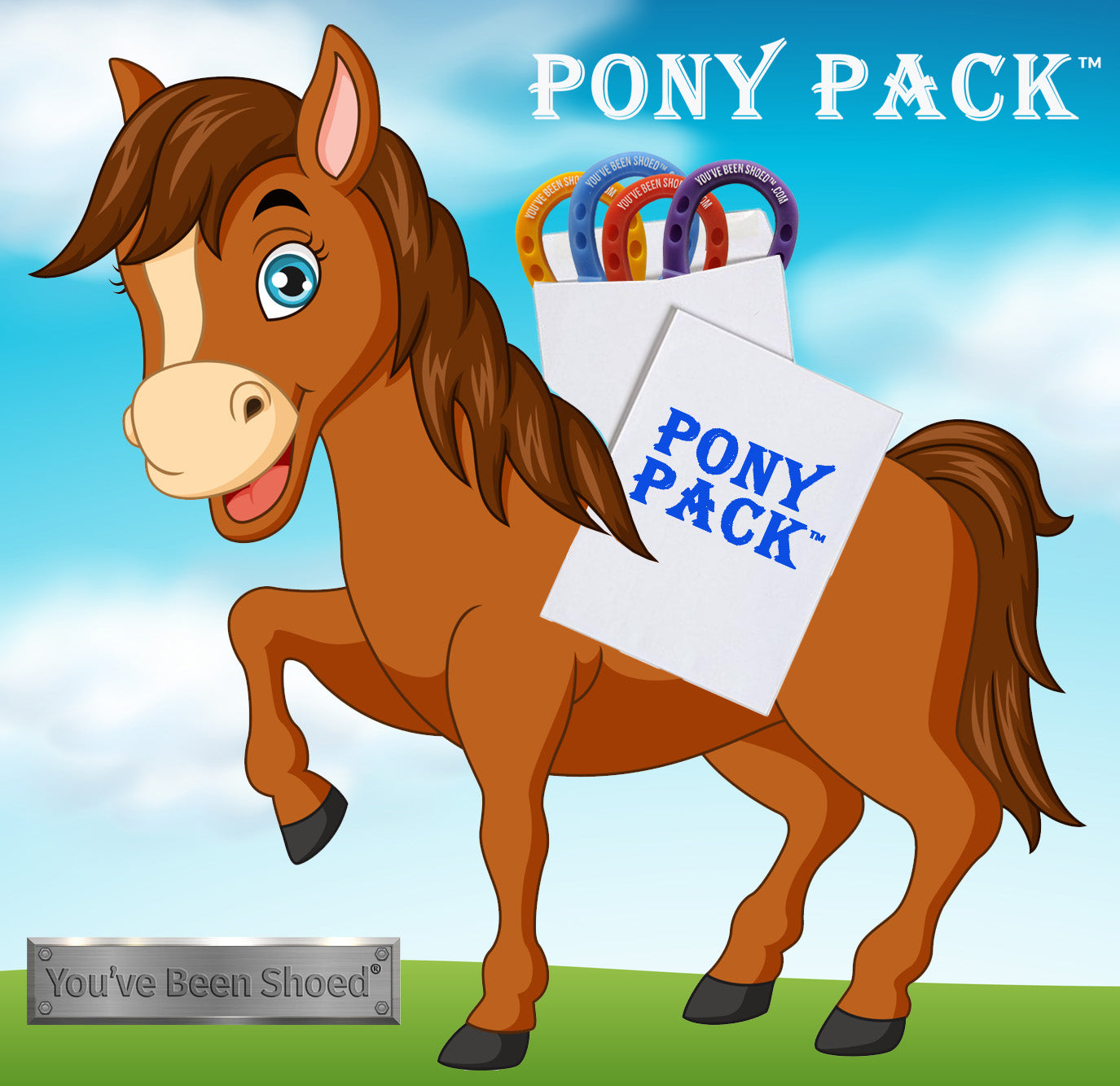 PONY PACK2 BRONCO SWAG HORSESHOES Carolina Blue, Grape Ape, Off-Grid Orange, and Frontier Gold. 2.75" x 3.5"