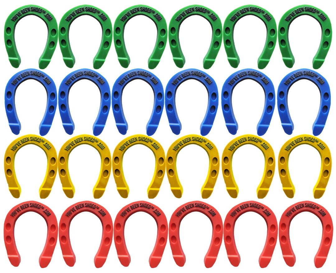 BRONCO SWAG RUBBER HORSESHOES Pack of 24 - Assorted Colors Red, Green, Yellow, Blue 2.75" x 3.5"